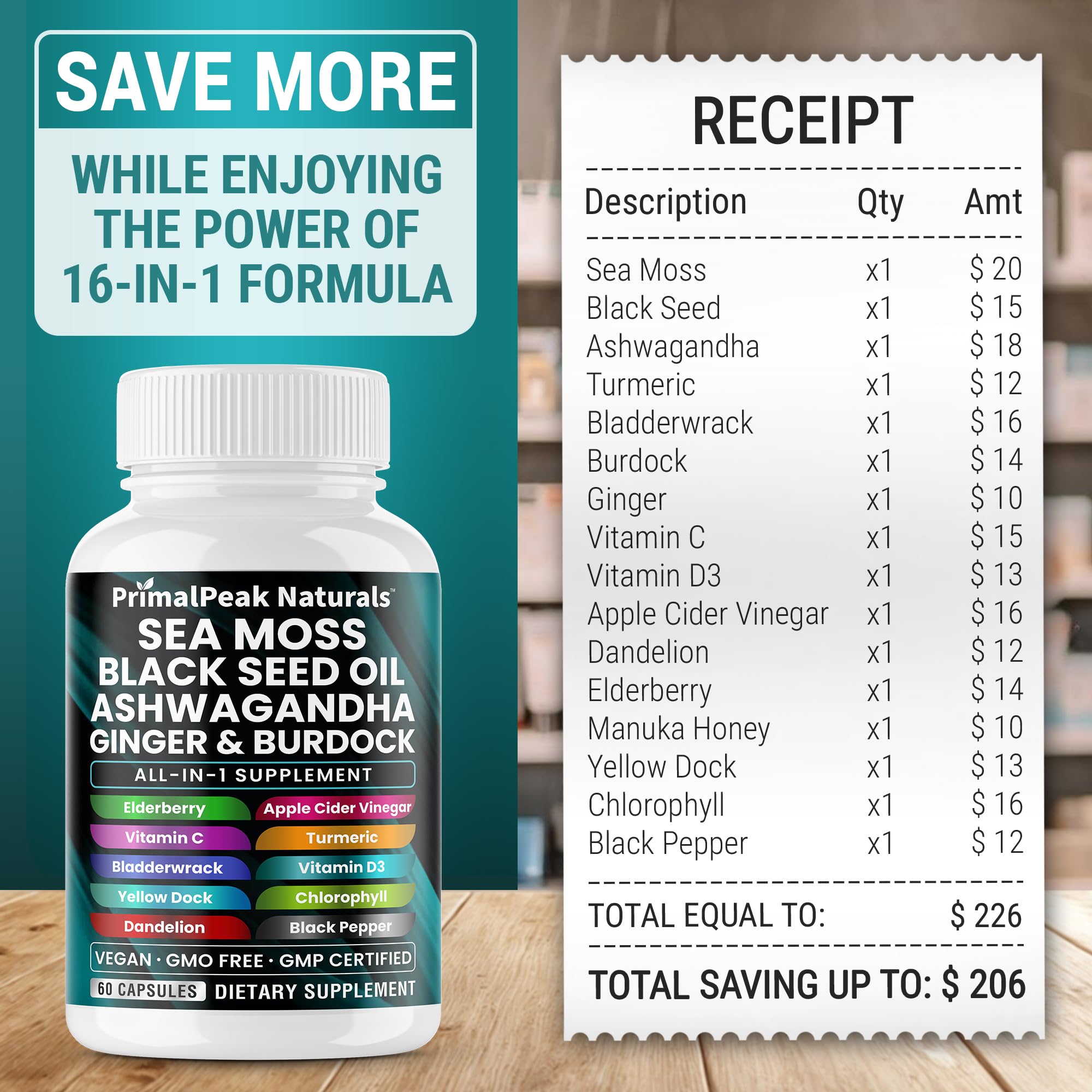 PrimalPeak Naturals Sea Moss Black Seed Oil Ashwagandha Ginger Burdock Bladderwrack Turmeric & Vitamin C Vitamin D3 with ACV Elderberry Chlorophyll Dandelion Yellow Dock Vegan Capsules - 60 Count PrimalPeak Naturals buy australia supplements
