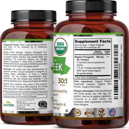 Zazzee USDA Organic Fenugreek 30:1 Extract, 120 Capsules, 4 Month Supply | Vegan, Breastfeeding & Lactation Support for Nursing Mothers, Organic Herbal Supplement, All-Natural, Non-GMO, Made in USA Gsupps Australia