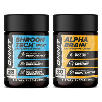 ONNIT Cognitive & Endurance Support Bundle: Alpha Brain Nootropic Capsules (30 Count) + Shroom Tech Sport Exercise Support Capsules (28 Count), IGEN Non-GMO Tested Focus, Energy & Endurance, 2 Pack ONNIT buy australia supplements