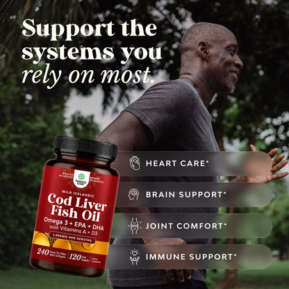 Cod Liver Oil Capsules, Omega 3 Fish Oil, 100 Mini Softgels | 1,000 mg per 2-softgel serving with 240 mg total omega-3s, EPA & DHA, vitamins A & D3, from wild-caught Icelandic cod Gsupps Australia