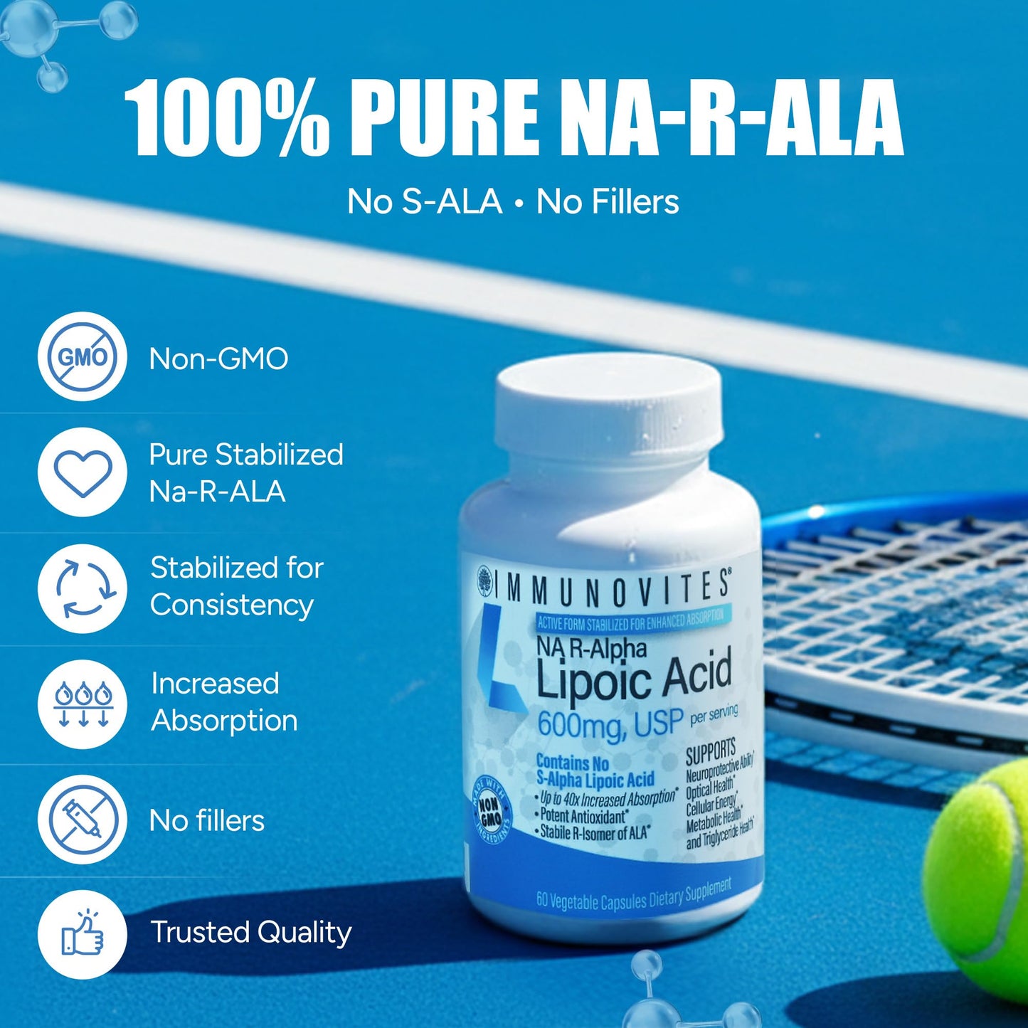 IMMUNOVITES Stabilized R-Alpha Lipoic Acid ((True)) 600mg per Serving [[High Potency & up to 40x Increased Absorption]] IMMUNOVITES