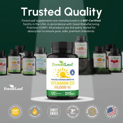 ForestLeaf Vitamin D3 50,000 IU | VIT D - Kosher VIT D3 Vitamin D Supplement for Women and Men | Bone Health, Teeth, Immune Support ForestLeaf