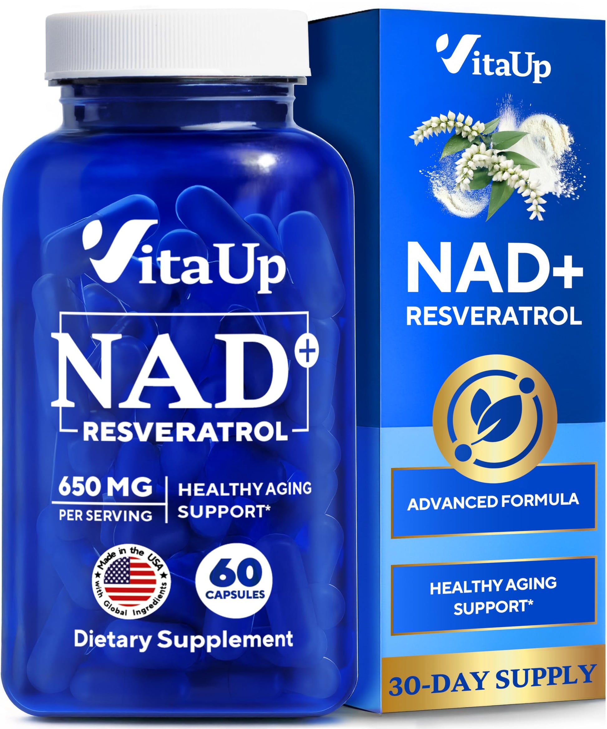VitaUp NAD+ Resveratrol Supplement - USA Made Trans Resveratrol NAD Supplement 650mg - Nicotinamide Adenine Dinucleotide Capsules for Healthy Aging, Energy & Focus Support - 60 Count VitaUp buy australia supplements