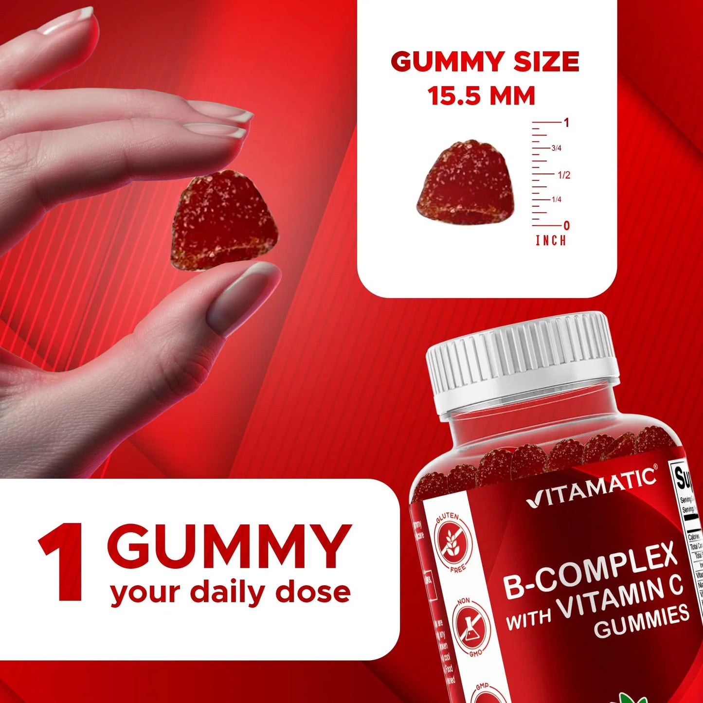 Vitamatic Vitamin B Complex Gummies with Vitamin C & Inositol - Natural Strawberry Flavor - 60 Gummies (1 Bottle) Vitamatic