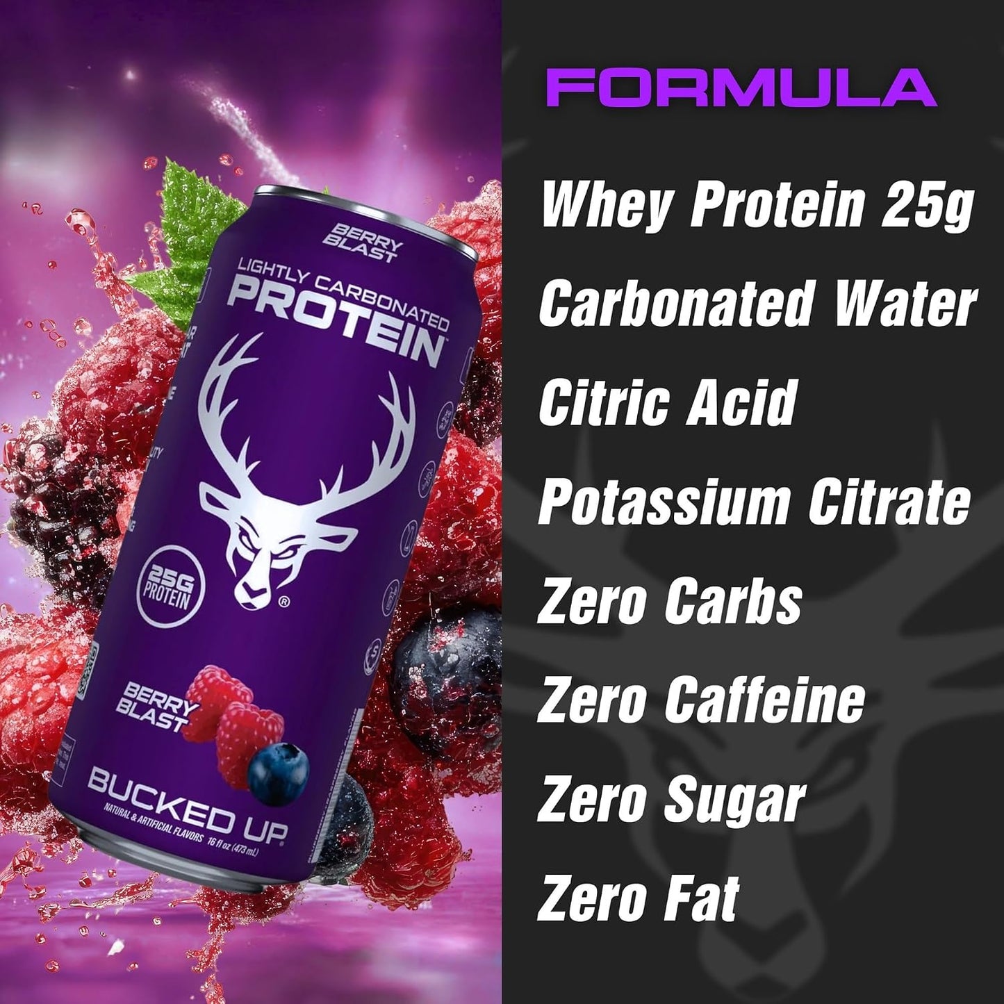 Bucked Up Lightly Carbonated Protein Soda | 25g Whey Isolate - Zero Sugar, Low Calorie, Caffeine Free, Clean Drink | Sparkling Protein Soda - 12 Pack, 16 oz Cans (Berry Blast)
