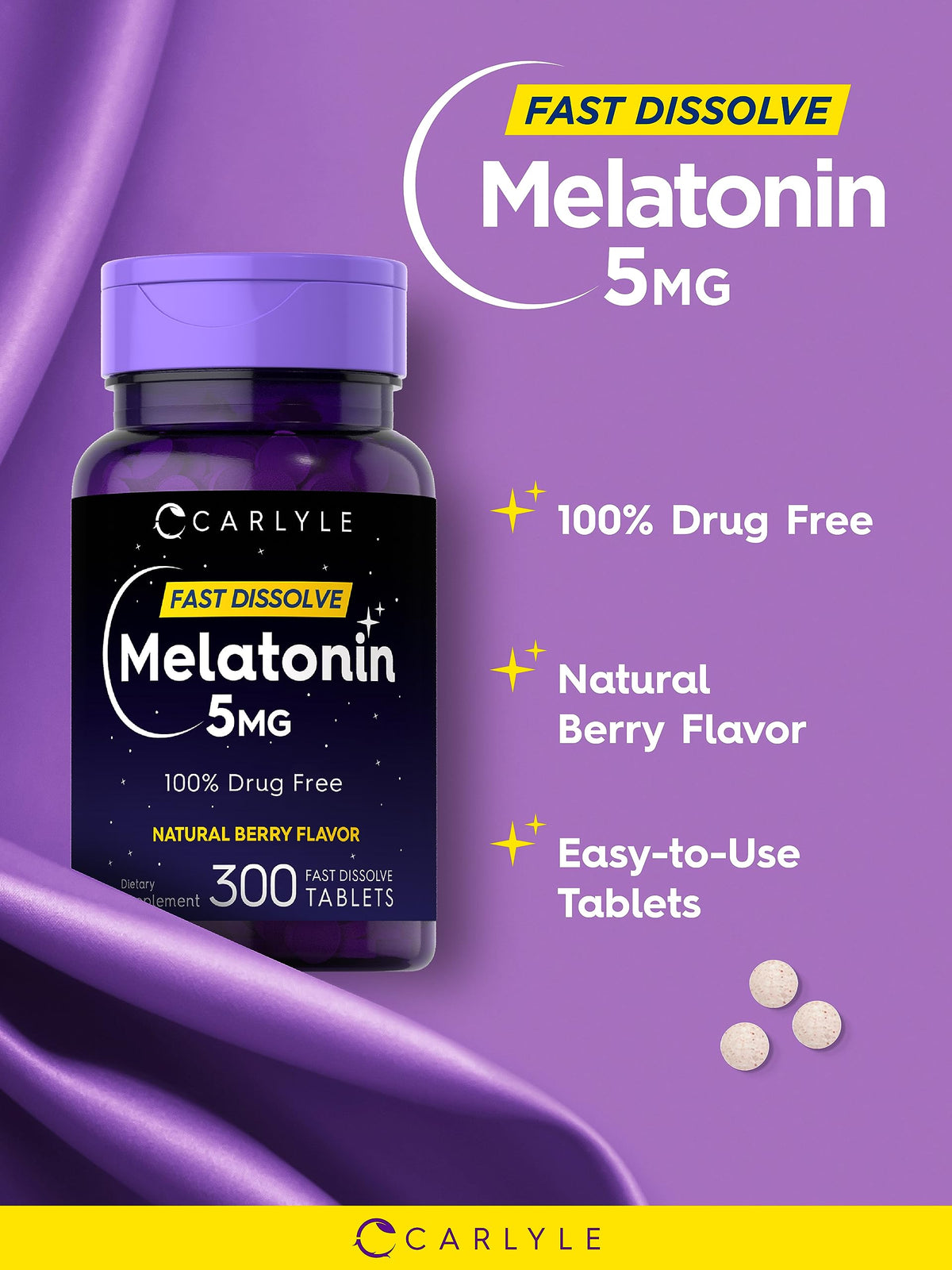 Carlyle Melatonin 5 mg Fast Dissolve 300 Tablets | Berry Flavor | Vegetarian, Non-GMO Supplement Carlyle