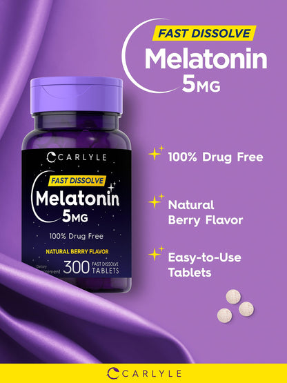 Carlyle Melatonin 5 mg Fast Dissolve 300 Tablets | Berry Flavor | Vegetarian, Non-GMO Supplement Carlyle