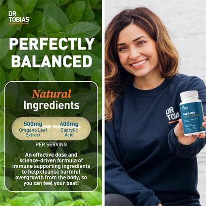 Dr. Tobias Oregano and Caprylic Acid Blend, Gut Flora Balance Complex with Probiotics & Enzymes for Intestinal and Immune Support, Gut Health Supplements for Women & Men, 60 Capsules, 30 Servings