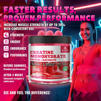 GlucoBio Creatine Monohydrate Gummies (5g) – Pre-Workout Energy & Muscle Growth Support for Men & Women GlucoBio