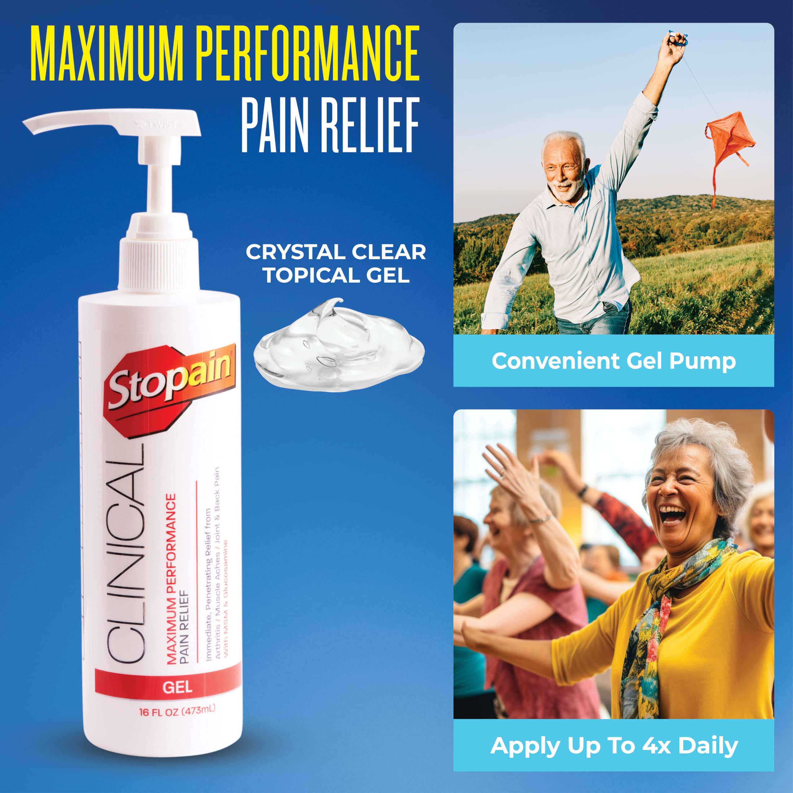 Stopain Clinical Pain Relief Gel 16 oz - Professional Formula for Arthritis, Knee, Back & Muscle Pain - Maximum Strength Gel for Joint & Nerve Pains with 10% Menthol Plus Glucosamine - Made in USA Stopain buy australia supplements