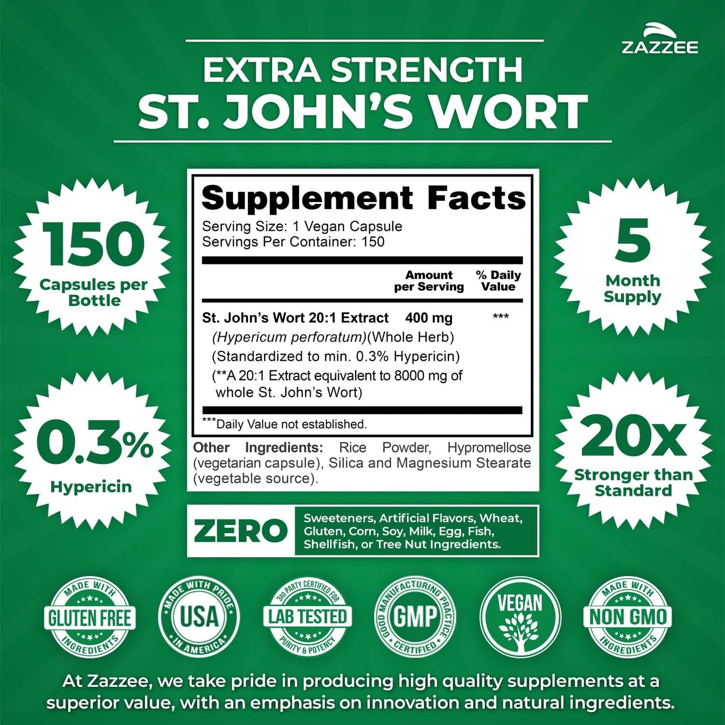 Zazzee Extra Strength St. John’s Wort 20:1 Extract, 0.3% Hypericin, Vegan | 150 Capsules, 5 Month Supply, Mood & Emotional Wellness Support, Hypericum Perforatum, Herbal Supplement, Non-GMO Made in USA Gsupps Australia