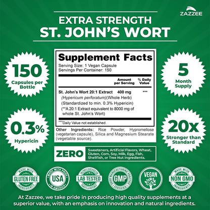 Zazzee Extra Strength St. John’s Wort 20:1 Extract, 0.3% Hypericin, Vegan | 150 Capsules, 5 Month Supply, Mood & Emotional Wellness Support, Hypericum Perforatum, Herbal Supplement, Non-GMO Made in USA Gsupps Australia