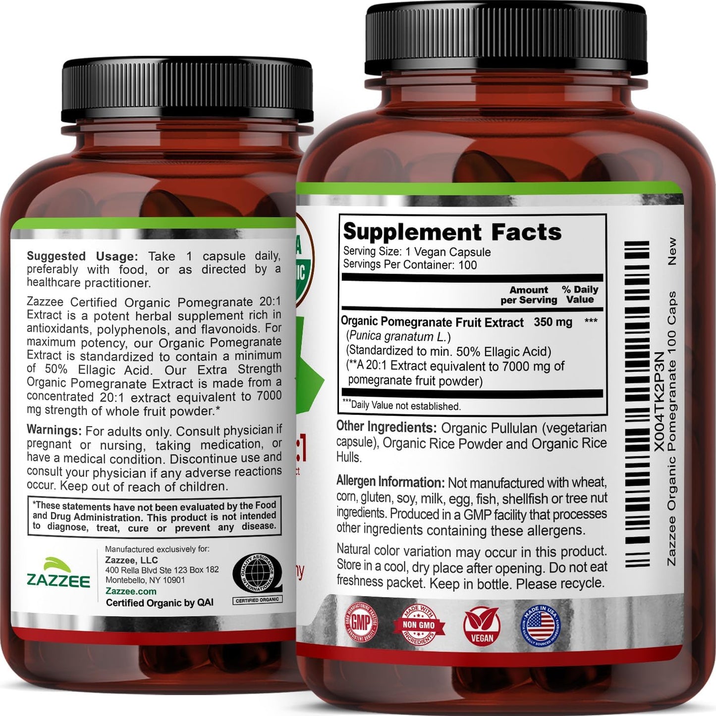 Zazzee USDA Organic Pomegranate 20:1 Extract, 50% Ellagic Acid 100 Capsules | Vegan, 3+ Month Supply, Punica Granatum, Antioxidant, Immune & Polyphenol Support, All-Natural, Non-GMO, Made in the USA Gsupps Australia