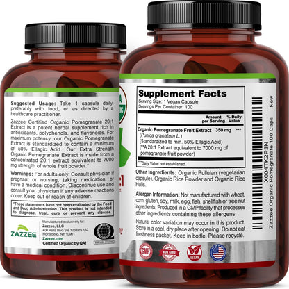 Zazzee USDA Organic Pomegranate 20:1 Extract, 50% Ellagic Acid 100 Capsules | Vegan, 3+ Month Supply, Punica Granatum, Antioxidant, Immune & Polyphenol Support, All-Natural, Non-GMO, Made in the USA Gsupps Australia
