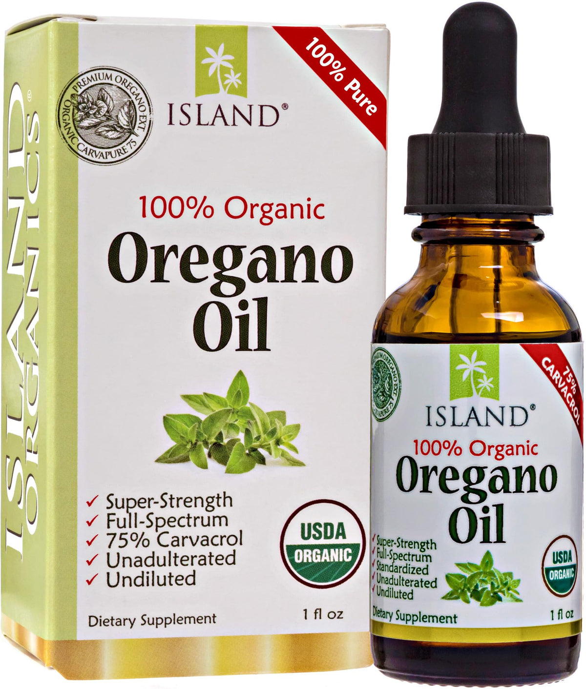 Island Nutrition, Oregano Oil Organic Liquid Drops - 100% Pure & Undiluted - USDA-Certified Organic (1 oz) 75% Carvacrol Island Nutrition