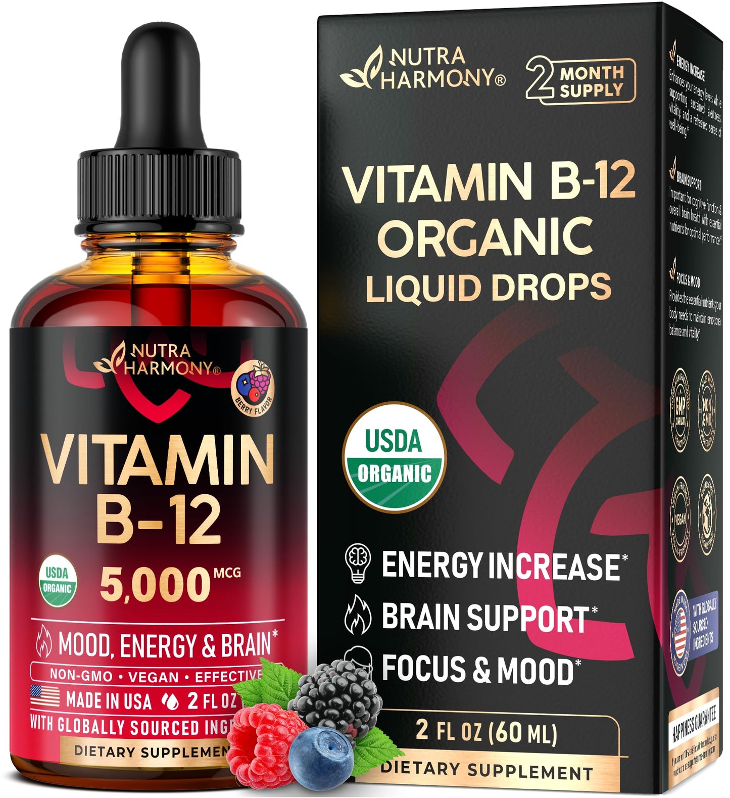 USDA Organic Vitamin B12 Sublingual Drops - 5000 mcg Liquid Vegan Methylcobalamin for Women & Men - Energy Boost, Focus & Mood, Brain Health Support NUTRAHARMONY