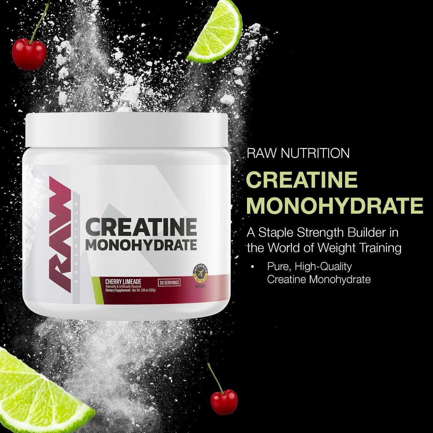 RAW Nutrition Creatine Monohydrate Powder, Cherry Limeade (30 Servings) - Micronized Creatine Monohydrate Supplement for Workout Performance, Build Muscle & Strength RAW