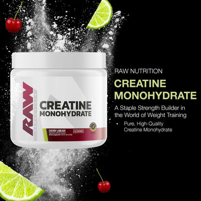 RAW Nutrition Creatine Monohydrate Powder, Cherry Limeade (30 Servings) - Micronized Creatine Monohydrate Supplement for Workout Performance, Build Muscle & Strength RAW