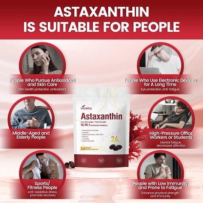10 in 1 Astaxanthin Supplements 24mg, 4 Month Supply, Astaxantina Antioxidant from Fresh Haematococcus Pluvialis, Contains Lycopene, Grape Seed, Vitamin E VivoNu