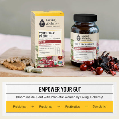 Living Alchemy Gut Health Supplements for Women - Your Flora Probiotics Women with Fermented Soybean, Cranberry Juice, Roselle, Prebiotics, Digestive Enzyme, & Probiotics - Vegan, Non-GMO, 60 Pcs Living Alchemy