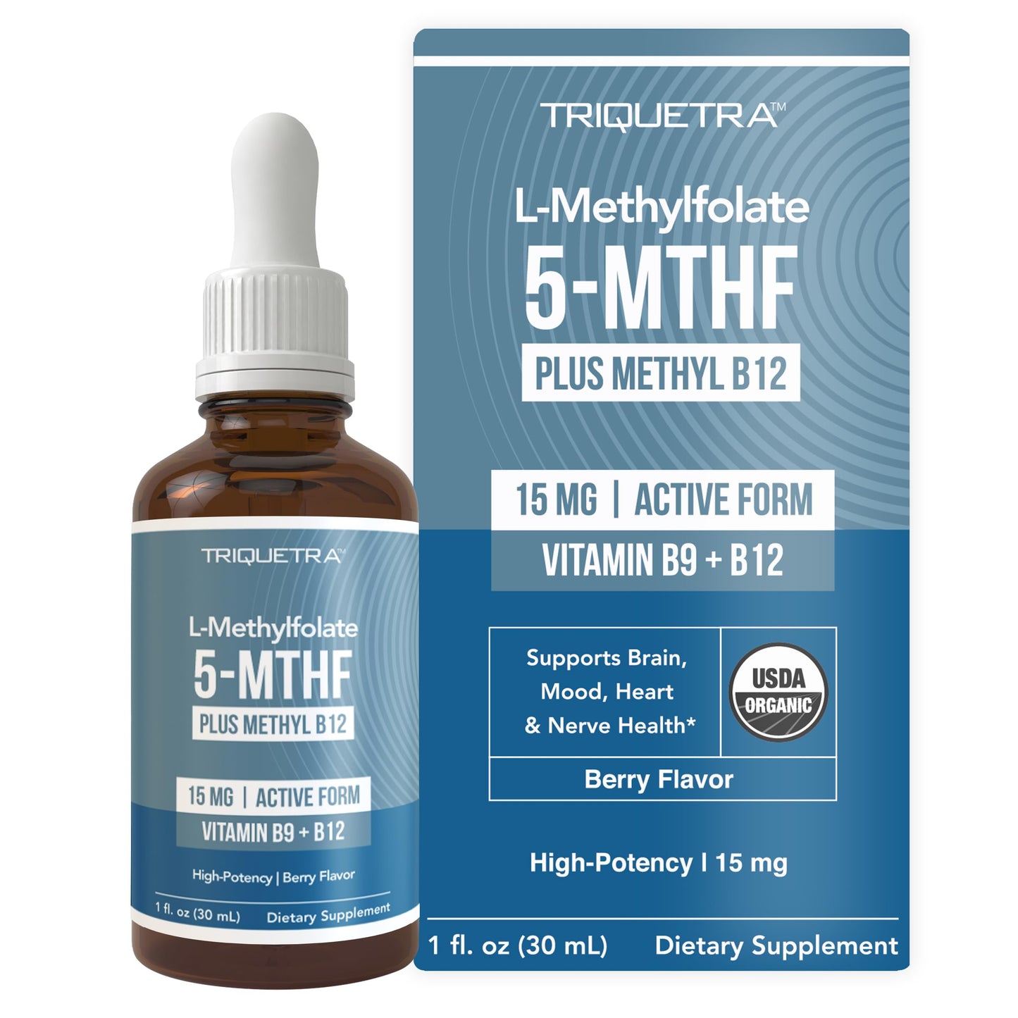 L Methyl Folate 15mg Plus Methyl B12 Cofactor – Organic Berry Flavor, High Potency Liquid Sublingual Active 5-MTHF Form - Supports Mood, Methylation Triquetra Health