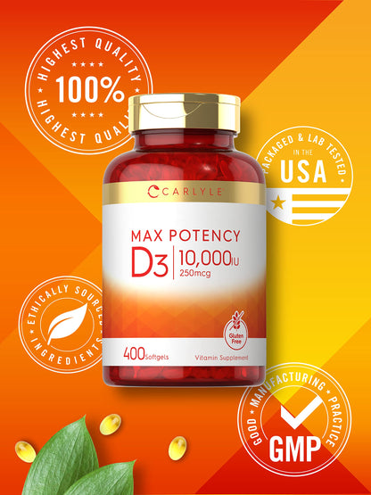 Carlyle Vitamin D 10000 IU 400 Softgels | Value Size | Max Potency | Non-GMO, Gluten Free Supplement Carlyle
