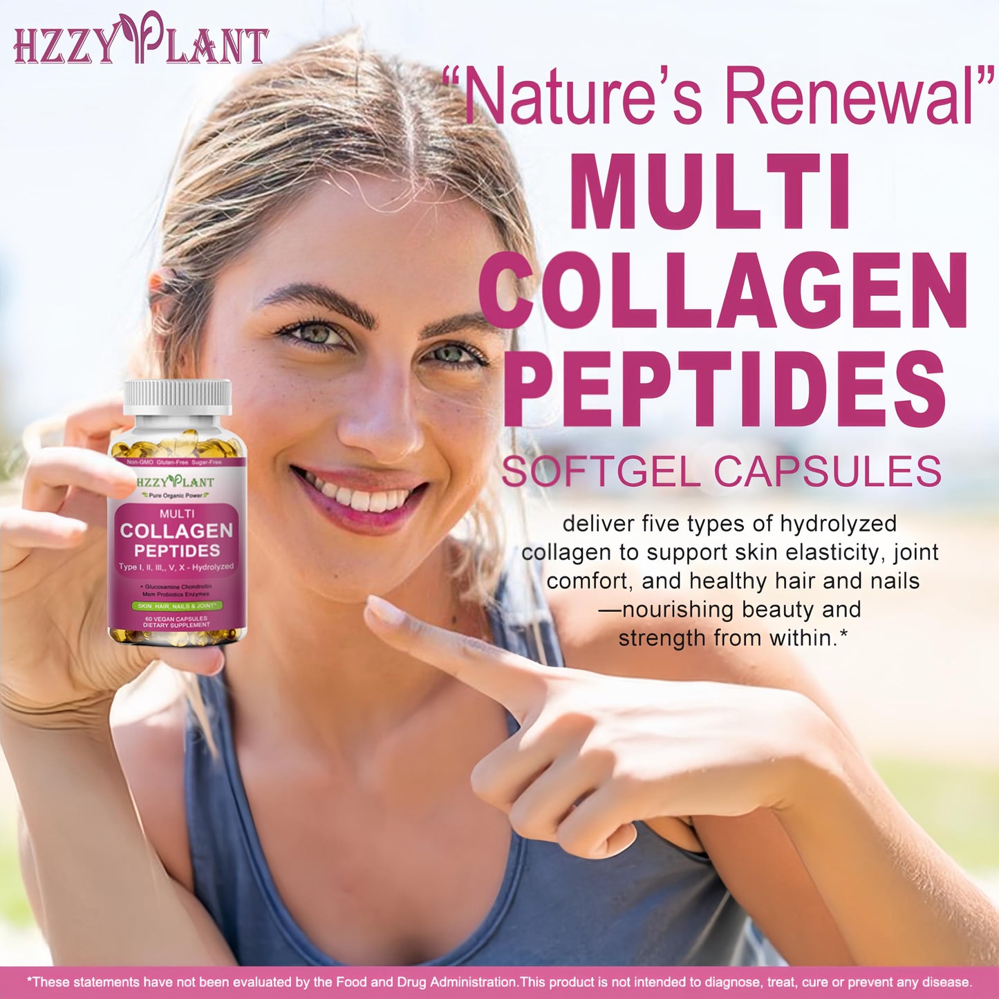 Multi Collagen Peptides Softgel - Type I, II, III, V, X - Hydrolyzed Collagen Peptides with Biotin Vitamin C Hyaluronic Acid for Women & Men, Supports Skin Hair Nail & Joint, Non-GMO, 60 Servings HZZYPLANT