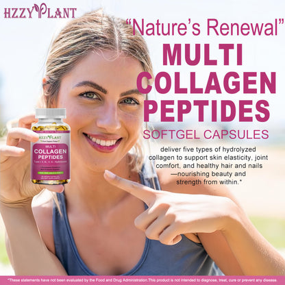 Multi Collagen Peptides Softgel - Type I, II, III, V, X - Hydrolyzed Collagen Peptides with Biotin Vitamin C Hyaluronic Acid for Women & Men, Supports Skin Hair Nail & Joint, Non-GMO, 60 Servings HZZYPLANT