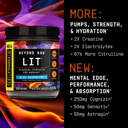 BEYOND RAW LIT V2 Clinical Strength Pre Workout Powder, Hits Harder, Bigger Pumps, Caffeine, L-Citrulline, Creatine, Blue Raspberry, 30 Servings BEYOND RAW