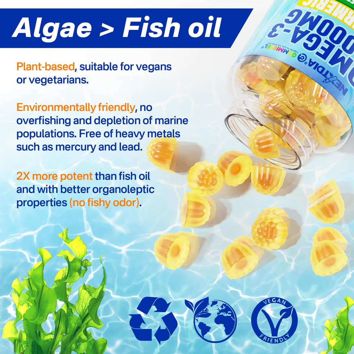 Vegan Omega-3 Gummies 1000mg + Turmeric - Omega 3 Fish Oil Alternative for Adults - Algae DHA 600mg & EPA 300mg Nextdia