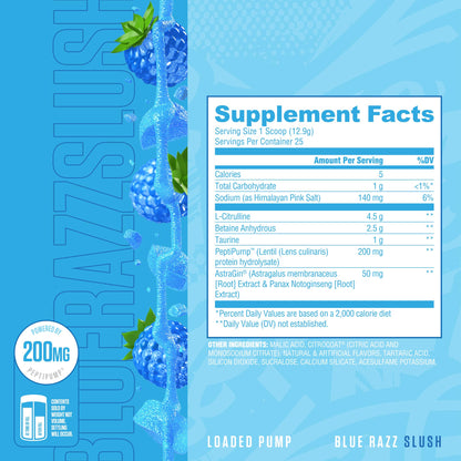 Ryse Loaded Pump Pre Workout Powder - Blue Razz Slush - No Caffeine Stimulant Free Formula for Pump, Power & Endurance - L-Citrulline, PeptiPump, Betaine Anhydrous, Taurine & AstraGin - 25 Servings