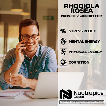 Nootropics Depot Rhodiola Rosea Capsules | 500mg | 3% Rosavins | 60 Count | Adaptogen Herb | Ayurvedic Supplement | Supports Healthy Stress Levels* | Promotes Brain Health*
