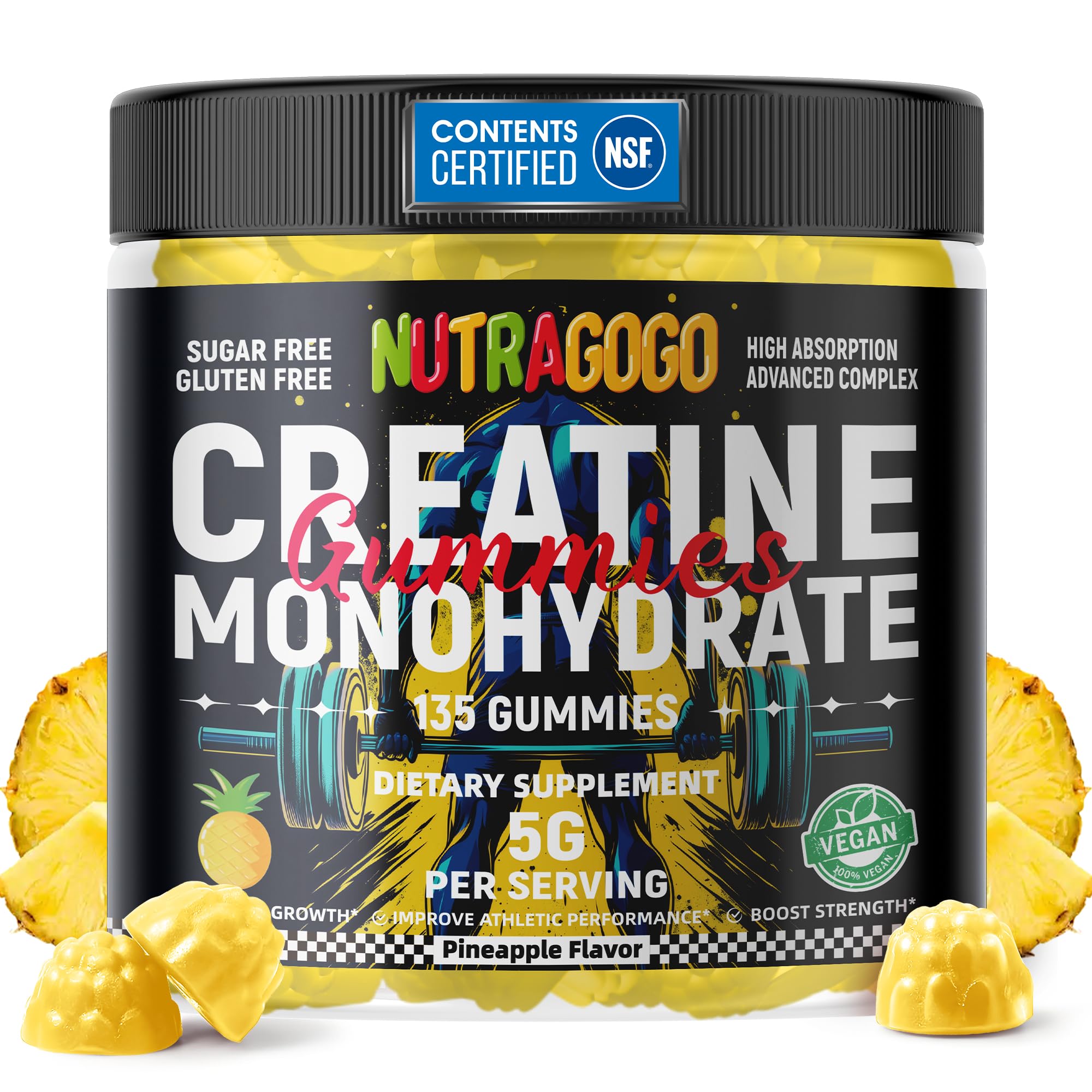 NUTRAGOGO NSF Certified Creatine Gummy - Creatine Monohydrate Gummies for Men & Women-5g of Creatine Monohydrate per Serving - Sugar Free,Vegan, Pineapple Electrolyte Chews, 135 Count NUTRAGOGO buy australia supplements