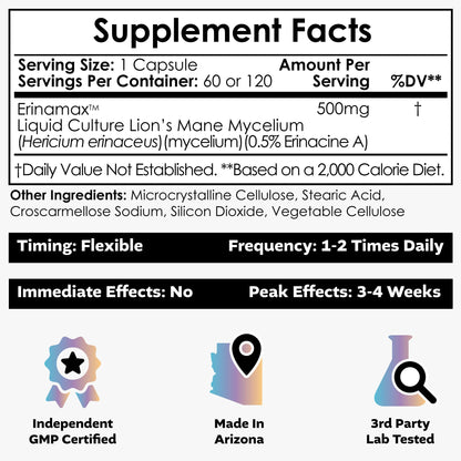 Nootropics Depot Erinamax Lion's Mane 500mg Capsules | Liquid Culture Mycelium | 2.5mg Erinacine A | Mood, Cognition, & Nerve Support | 60 Count