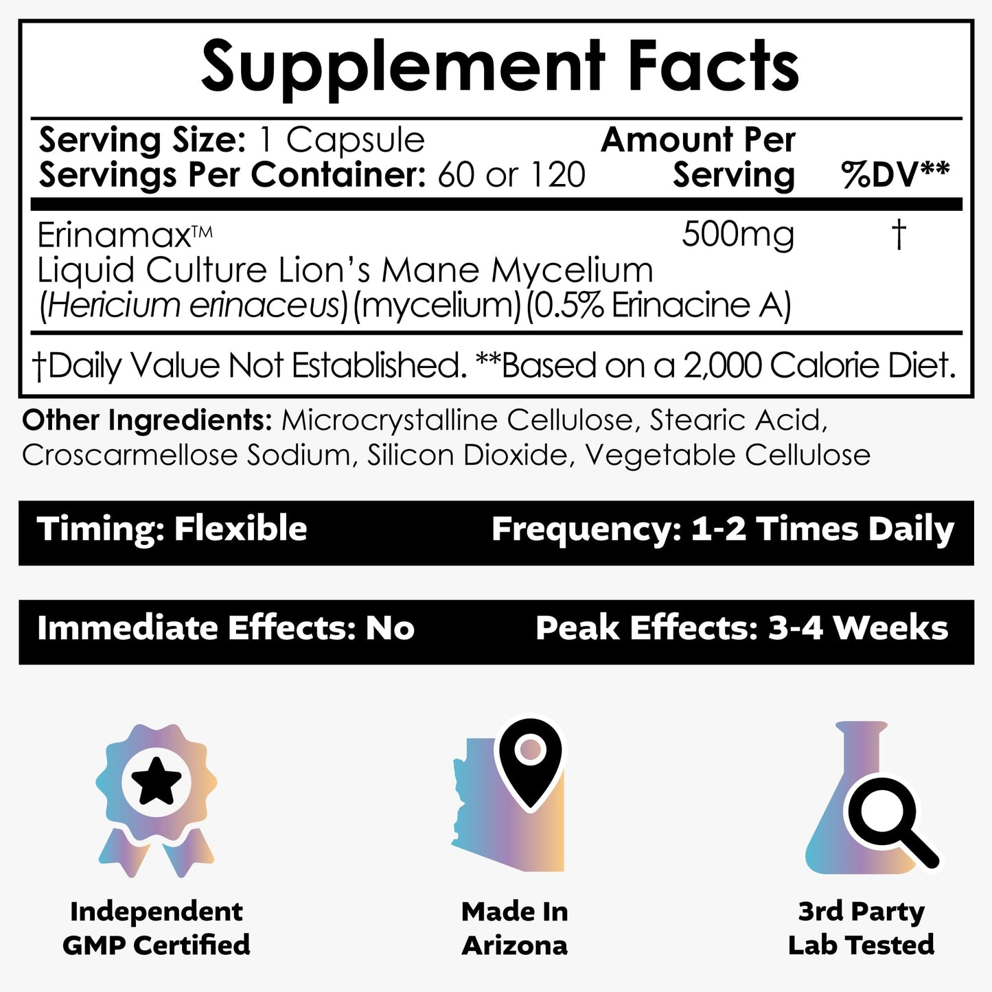 Nootropics Depot Erinamax Lion's Mane 500mg Capsules | Liquid Culture Mycelium | 2.5mg Erinacine A | Mood, Cognition, & Nerve Support | 60 Count