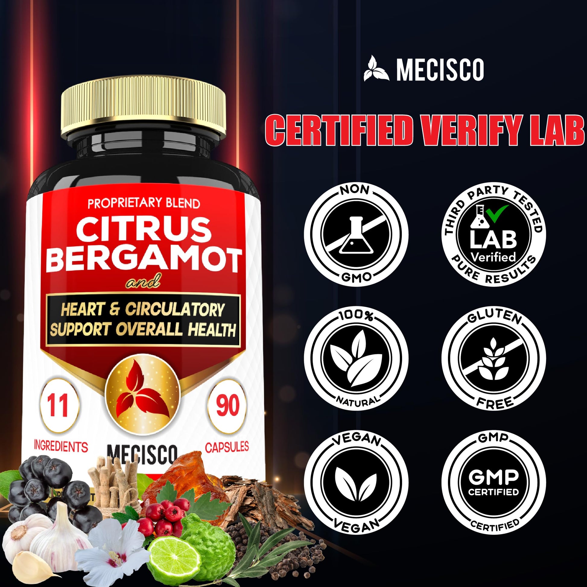 Mecisco 11 in 1 Citrus Bergamot Supplement 1000mg with Black Chokeberry, Berberine HCl & More - 90 Capsules - Supports Heart Health, Immune System, Energy Production Mecisco buy australia supplements