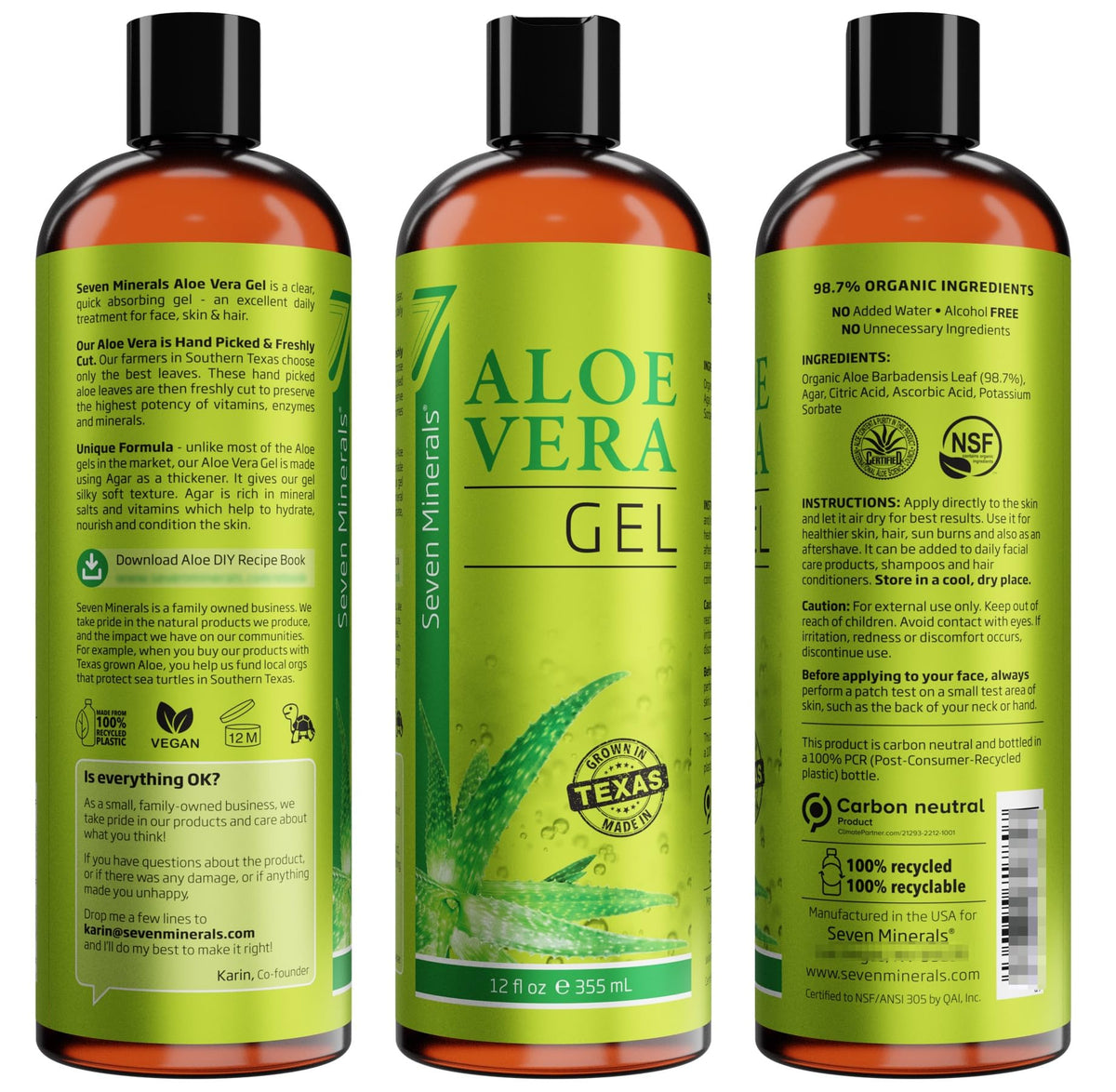 Seven Minerals Aloe Vera Gel with Freshly Cut Pure Organic Aloe - Big 12oz - Texas Grown, HighestQuality, Vegan, Unscented, Non-Sticky - After Sun, Skin & Face Moisturizer, Hair Mask Seven Minerals
