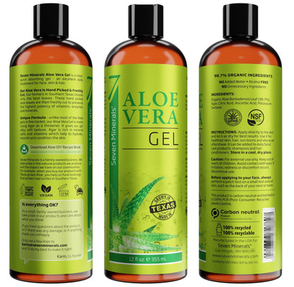 Seven Minerals Aloe Vera Gel with Freshly Cut Pure Organic Aloe - Big 12oz - Texas Grown, HighestQuality, Vegan, Unscented, Non-Sticky - After Sun, Skin & Face Moisturizer, Hair Mask Seven Minerals
