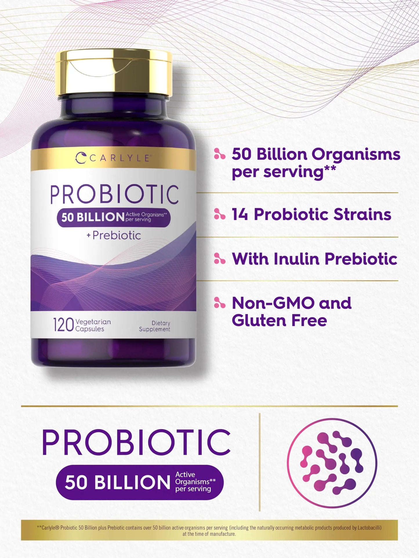 Carlyle Probiotics with Prebiotics | 120 Capsules | 50 Billion Active Organisms | Non-GMO & Gluten Free Supplement Carlyle