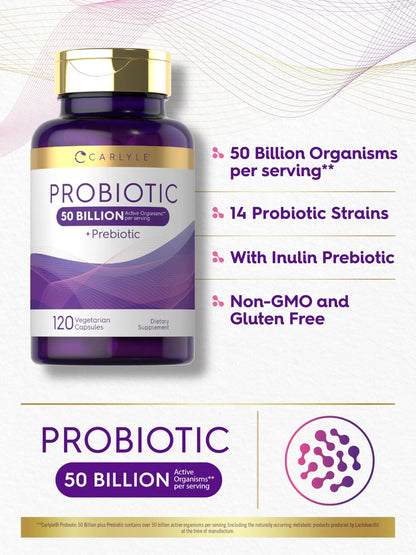 Carlyle Probiotics with Prebiotics | 120 Capsules | 50 Billion Active Organisms | Non-GMO & Gluten Free Supplement Carlyle