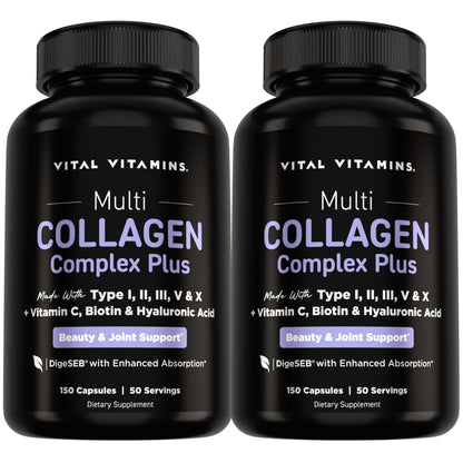 Vital Vitamins Multi Collagen Complex Plus Biotin, Hyaluronic Acid & VIT. C | Hair, Skin, & Nails Supplements for Women and Men, 5 Collagen Types I II III V & X, 150 Capsules Gsupps Australia