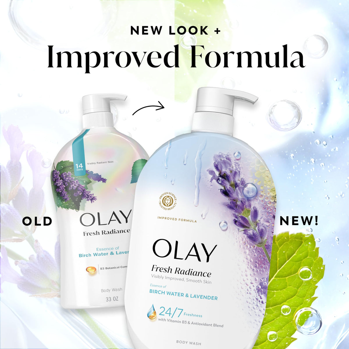 Olay Body Wash for Women, Fresh Radiance, 24/7 Skin-Loving Freshness, Visibly Radiant, Plant Based Cleansers, Vitamin B3 & Antioxidant Blend, For All Skin Types, Birch Water & Lavender Scent, 35 fl oz Olay