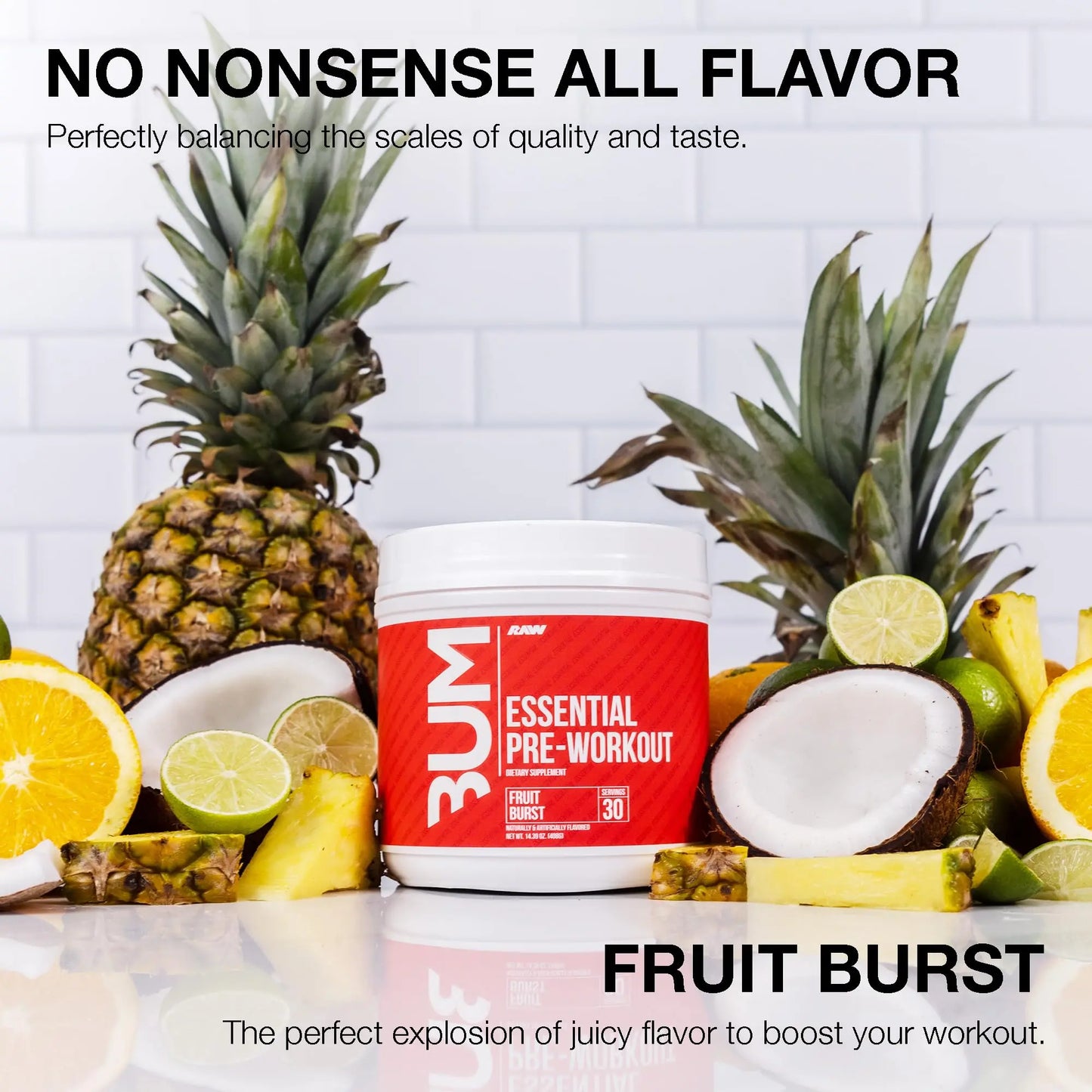 RAW Essential Pre-Workout Powder (Fruit Burst) - Chris Bumstead Sports Nutrition Supplement for Men & Women - Preworkout Energy Powder with Caffeine RAW