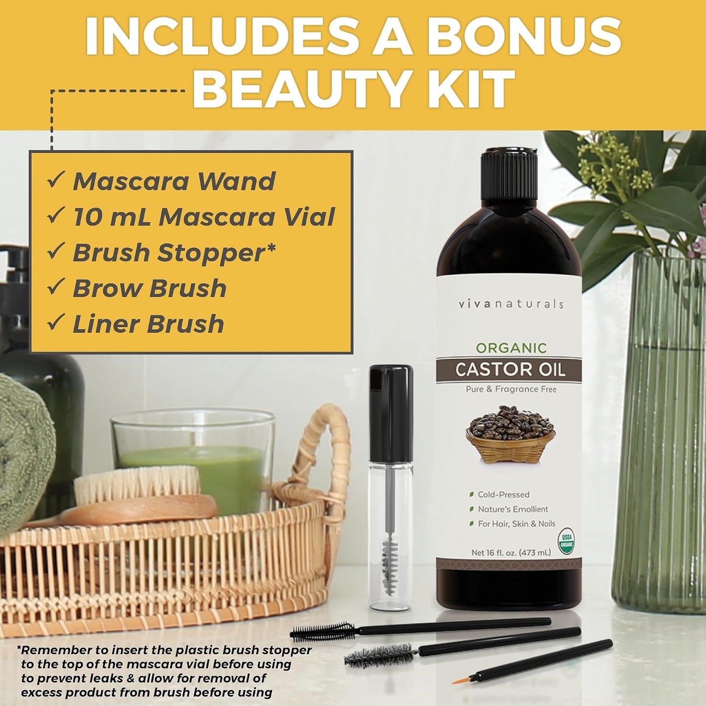 Viva Naturals Organic Castor Oil, Cold-Pressed, 16 fl oz – For Face, Hair, Eyelashes, USDA Organic, Non-GMO - With Beauty Kit Gsupps Australia