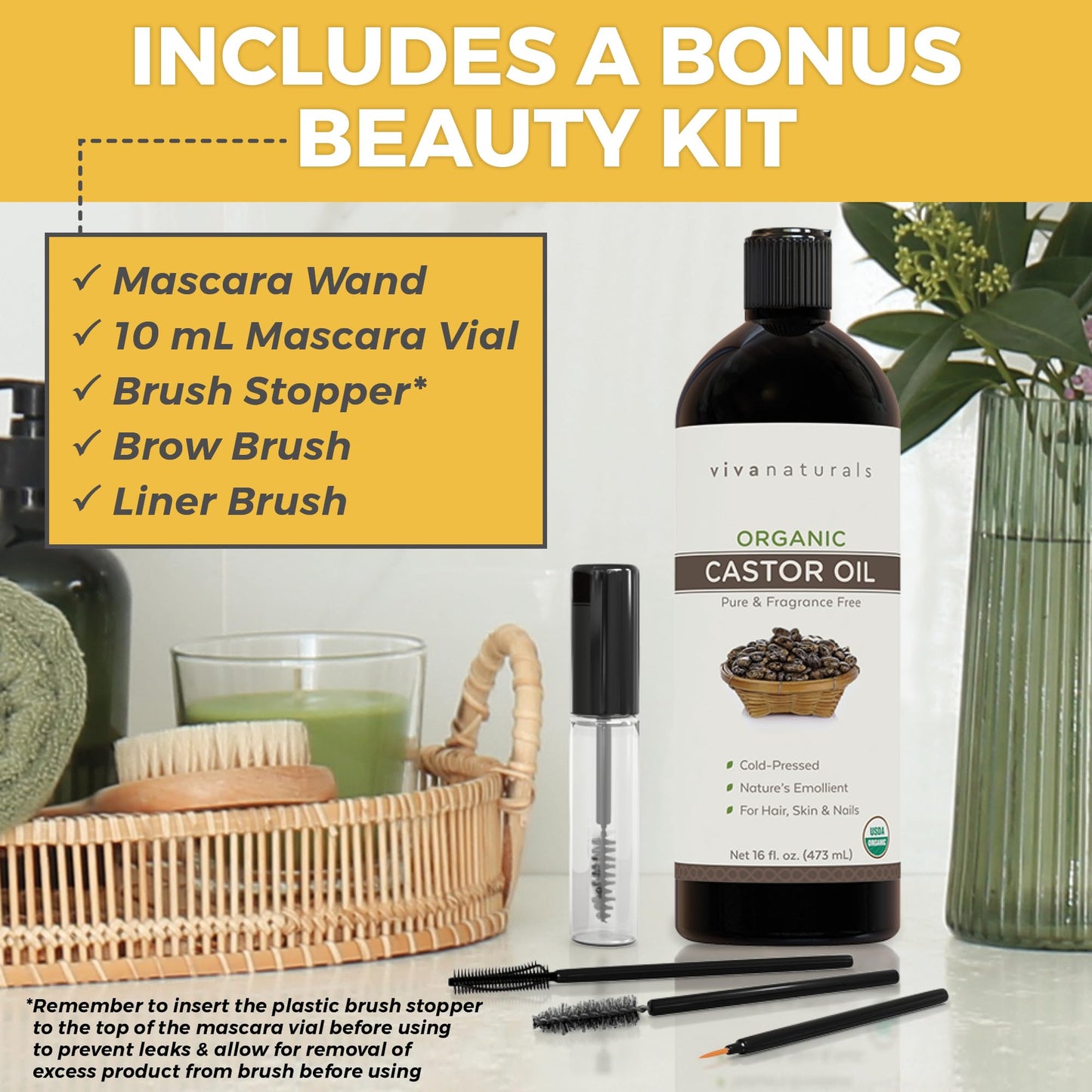 Viva Naturals Organic Castor Oil, Cold-Pressed, 16 fl oz – For Face, Hair, Eyelashes, USDA Organic, Non-GMO - With Beauty Kit Gsupps Australia