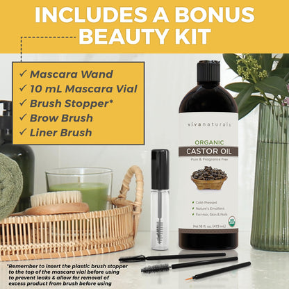 Viva Naturals Organic Castor Oil, Cold-Pressed, 16 fl oz – For Face, Hair, Eyelashes, USDA Organic, Non-GMO - With Beauty Kit Gsupps Australia