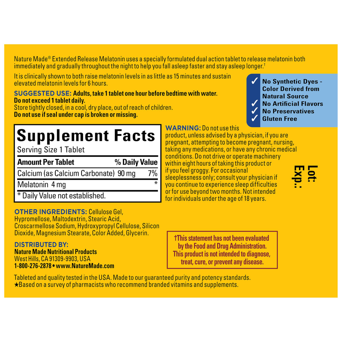 Nature Made Melatonin 4mg Extended Release Tablets, Sleep Supplements for Adults, 100% Drug Free Sleep Aid, 90 Count, 90 Day Supply Nature Made