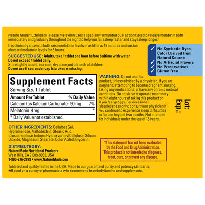 Nature Made Melatonin 4mg Extended Release Tablets, Sleep Supplements for Adults, 100% Drug Free Sleep Aid, 90 Count, 90 Day Supply Nature Made