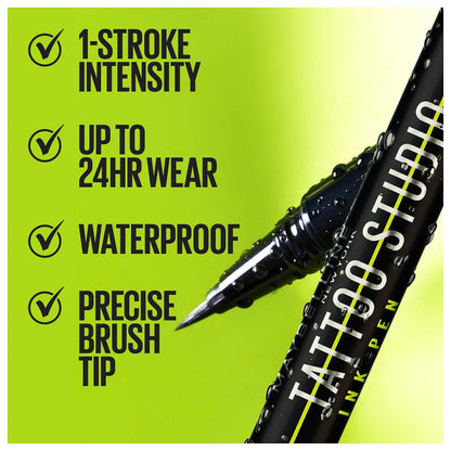 Maybelline Tattoo Studio Ink Pen Eyeliner, Waterproof & Smudge Resistant Liner, Up to 24 Hours Eye Makeup Wear, Jet Black, 1 Count MAYBELLINE