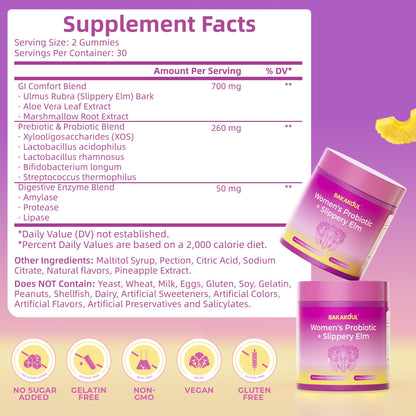BAKAKOUL Feminine Probiotics Gummies for Women, Vaginal Probiotics with Slippery Elm,Prebiotics & Probiotics Supports pH Balance,Immune Health, Vegan BAKAKOUL